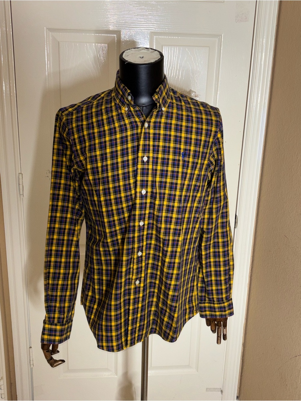Ralph Lauren Shirt Men M Long Sleeve Custom Fit Yellow Blue Plaid Cotton Pony